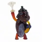 Glass dachshund sculpture with brown stripes, black hat, and blue eyes holding a clear glass bowl on a gold stem against white.