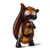 Glass beaver sculpture, amber and brown, stylized with large eyes holding a textured glass turtle, glossy finish, white background.