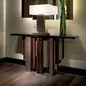 Superior Sicis Totem console crafted with dark wood and metallic supports exhibiting a polished finish