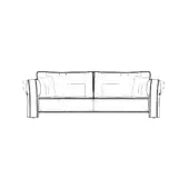Loden sofa line drawing, rectangular three-cushion design, featuring rolled arms, tailored stitching, and a low, minimalist base.
