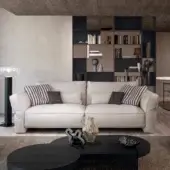 Elegant Cierre1972 Loden sofa with light beige textured textile upholstery and refined leather piping