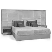 King bed with gray upholstered headboard, featuring a grid panel design and textured duvet, flanked by matching nightstands with drawers.