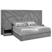 King bed, gray velvet upholstery, geometric quilted headboard, silver draping, mirrored nightstands, modern bedroom setting.