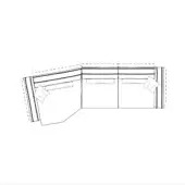 Loden sectional sofa line drawing, curved modular design, three segments with rounded and rectangular forms, dashed outline dimensions.