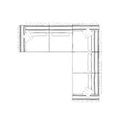 Modular sectional sofa, line drawing, L-shape, segmented cushions, schematic design, two throw pillows, dashed outline, furniture footprint.