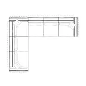 Loden sectional sofa schematic, L-shape, three modules, box cushions, gray square pillows, dashed outline, minimalist design, black lines.