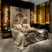 Distinguished Sicis Komo bed crafted in Italy with artwork from the Jakuchu collection and warm neutral fabrics