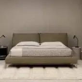 Harmonious Cierre1972 Chapeau Bed in muted taupe textile with reclining headboard and dark tapered metal legs