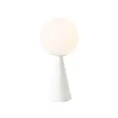 Table lamp, white frosted glass, spherical shade with conical matte white base, studio product shot, simple modern design.