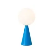 Table lamp, blue ceramic, conical base with white spherical shade, modern design, glossy and matte finish, studio lighting.