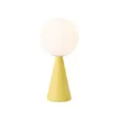 Table lamp with white spherical shade and bright yellow conical metal base, studio shot.