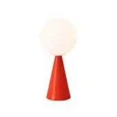 Table lamp, red conical base, white opaque globe, minimalist design, glossy finish, studio product shot, geometric form.