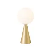 Table lamp, brass and white glass, spherical shade on conical base, minimalist design, brushed metal finish, studio product shot.