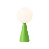 Table lamp, green cone base, white spherical shade, matte finish, modern design, studio lighting, product name “bilia” visible.