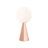 Table lamp, matte white shade, glossy copper conical base, minimalist design, studio lighting, geometric form, modern aesthetic.