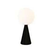 Table lamp, black lacquered base, conical shape, with spherical white lampshade against a white backdrop.