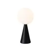 Table lamp, black conical base, white spherical shade, studio shot, glossy finish, modern design, minimalist lighting fixture.