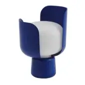 Blue accent chair with rounded pedestal base, light off-white cushion, curved back, glossy finish, minimalist studio presentation.