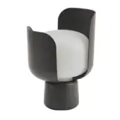 Blom table lamp, dark grey metal, sculptural design with cylindrical base and curved, petal-like shades, white inner globe.