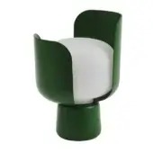 Green pedestal chair, matte finish, rounded sculptural form, off-white cushion, cylindrical base, modern minimalist design.