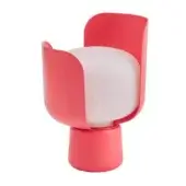 Pink table lamp, cylindrical base with flared top, rounded petal-like shade with frosted diffuser, modern glossy finish, studio shot.