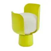Yellow table lamp, “blom” design, with cylindrical base, white globe, and curved yellow petal shades, studio shot on white background.