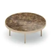 Round coffee table, brown and gold mottled metal top, thin gold rim, three cylindrical legs, contemporary design, white background.