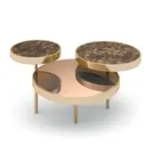 Nesting tables, rose glass and gold metal, circular tiered design with bronze textured surfaces and slender cylindrical legs.