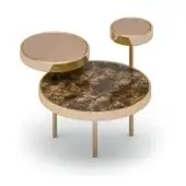 Nesting side tables, gold metal frames, mottled brown marble tabletop, champagne translucent surfaces, cylindrical legs, minimalist design.
