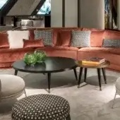 Distinguished Sicis Peggy round side & coffee table with ebony tabletop and lacquered wood base built with coated lacquered finishes and brass details