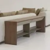 Distinguished Cierre1972 Avalon console in medium-brown wood with a satin finish and muted olive-green metal frame