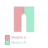 Graphic composition of twins side table, pink and turquoise modules forming an H shape with central archway, minimalist design.