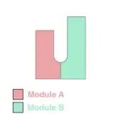 Side table design, pink and mint green modules, interlocking U-shape with circular cutout, rectangular form, matte finish, white background.