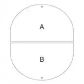 Circular white graphic design divided into labeled sections A and B, featuring dark dots and a symmetrical, minimalist composition on a white background.
