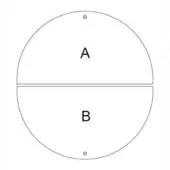 Circular graphic divided into labeled sections A and B, white background, two screw hole indentations, symmetrical design, minimalist aesthetic.