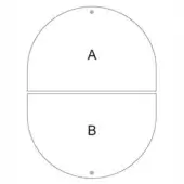 White oval panel with black horizontal line dividing labeled sections “A” and “B”, featuring dark circular fasteners and matte finish.