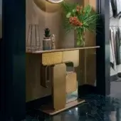 Distinguished Sicis Vienna Console crafted with a golden tone base and high-quality mirror top showcasing mosaic detailing with textured drawer fronts