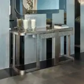 Distinguished Sicis Visconti console crafted with a coated lacquered silver-grey metal structure and polished marble top with artistic mosaic