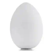 Blown glass table lamp, white, egg-shaped with dark gray circular metal base; seamless gradient, minimalist design, diffused lighting.