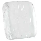 Translucent glass sculpture, irregular rectangular form, internal striations, polished surface, white background, diffused lighting.