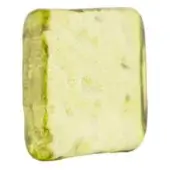 Translucent mustard green glass sculpture with textured surface, rounded edges, and swirling internal bubbles, displayed on a white background.