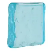Glass tile, aquamarine translucent color, organic shape with internal striations and bubbles, smooth glossy surface, white background.