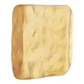Satin amber block with irregular shape, rounded edges, and mottled texture against a white backdrop, displaying a translucent sheen.
