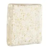 Tile with translucent white base and gold speckles, rounded edges, smooth glossy surface, labeled “40 sheen” in sans-serif font.