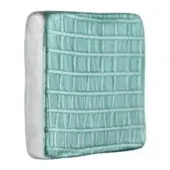 Ceramic tile, aquamarine glaze, vertical ridges create a linear pattern with metallic sheen and rounded, irregular edges, showcasing a canvas effect.