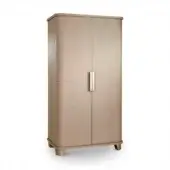 Armoire, champagne-beige, rounded rectangular form with centered brushed-metal handle and gold feet, minimalist matte finish studio shot.