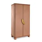 Armoire, terracotta brown, Art Deco style with curved lines and golden leaf handle, matte finish, studio shot on white background.