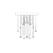 Abstract chandelier line drawing, black on white, featuring staggered cylindrical rods of varying lengths descending from a rectangular plate.