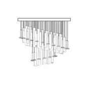 Astract suspension lamp, matte metal, cascading wave of slender rectangular rods with horizontal accents, minimalist geometric design.