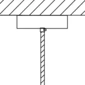 Ceiling hook illustration, black lines on white, showing rectangular plate, ridged pole, and square connector, with diagonal hatching detail.